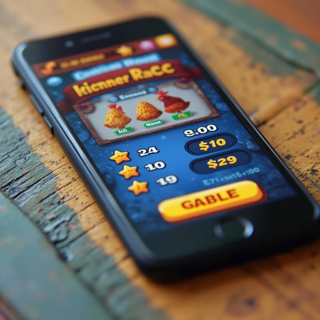 Close-up of a mobile phone displaying a Chicken Road app