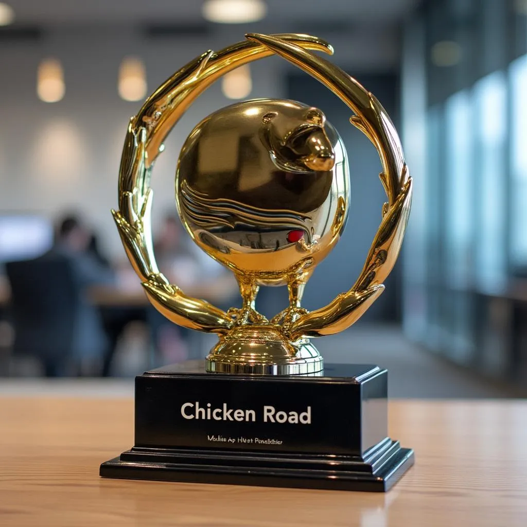 Mobile app award trophy displayed in Chicken Road office